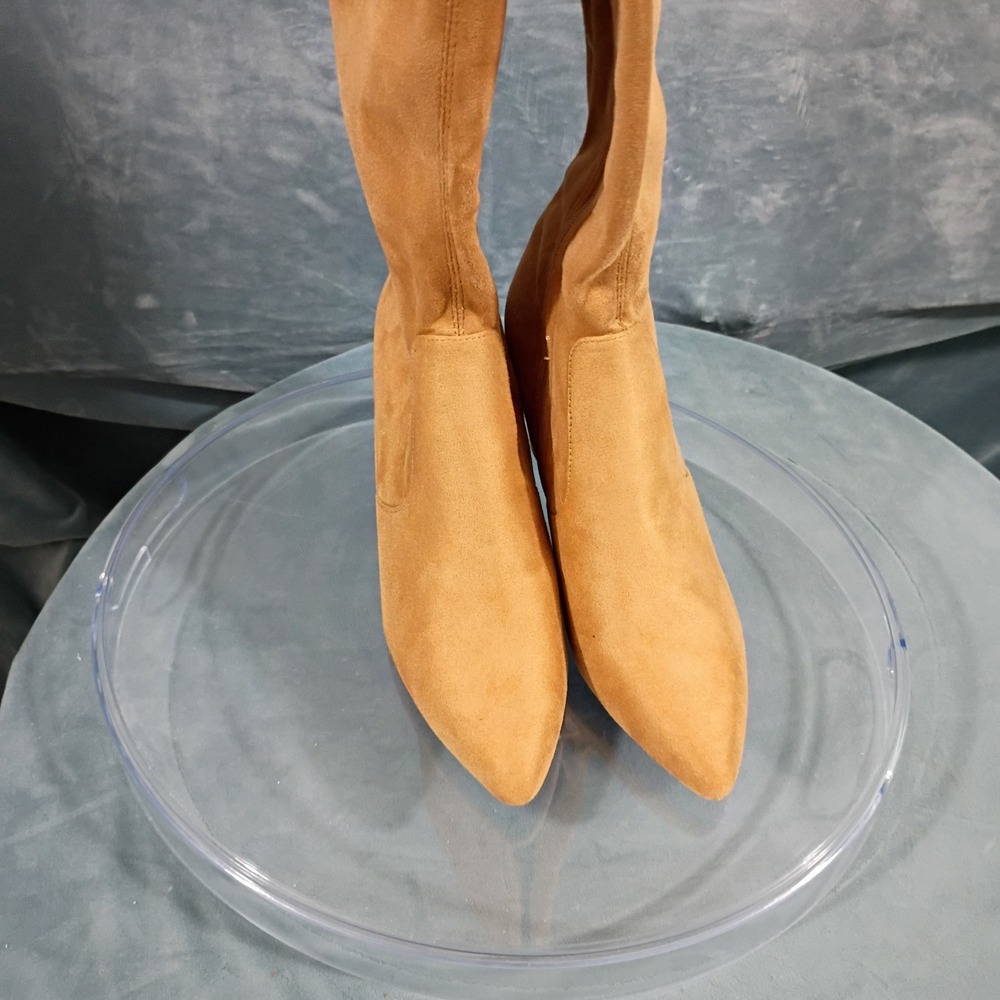 Women Camel Tan Faux Suede Over The Knee Boots Pointed Toe Block Heel Size 41